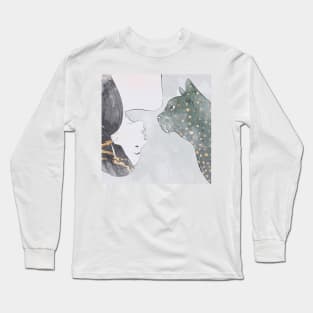 Girl And her Cat watercolour Long Sleeve T-Shirt